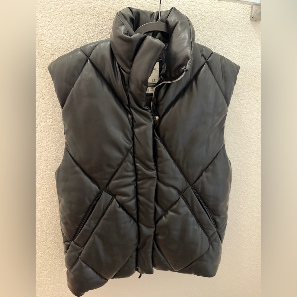 Oversized Black Quilted Faux-Leather Puffer Vest